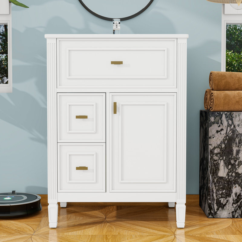 Meuble-lavabo avec lavabo, tiroir rabattable et tablette réglable, Blanc