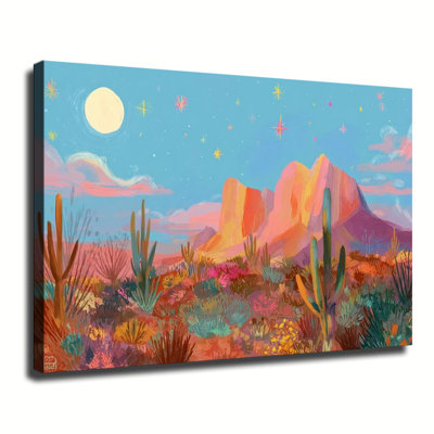 Colorful Desert Cactus Mountain Night Landscape, Large Gallery Wrapped Canvas Wall Art Print For Living Room Bedroom
