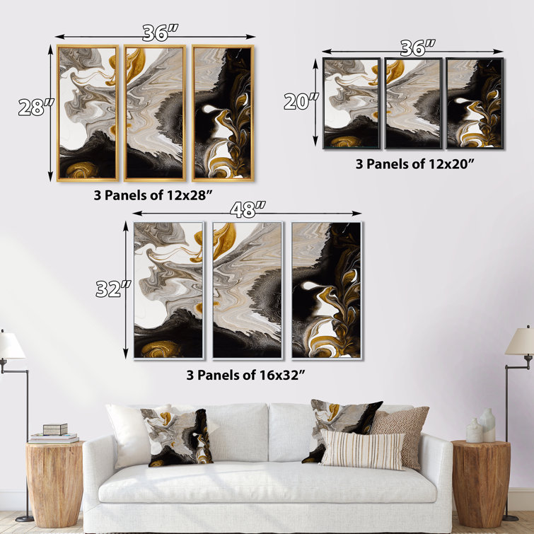  3 Pieces Abstract Canvas Wall Art Black White Marble