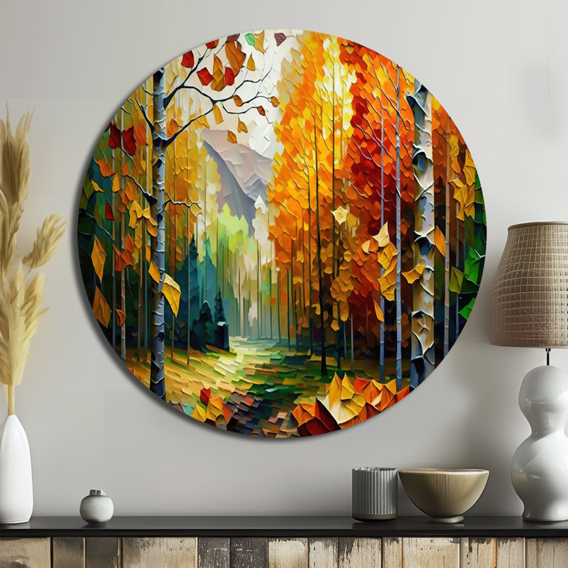 Chemin dans la forêt III - paysages, art rond en métal, H 16 po x l 16 po