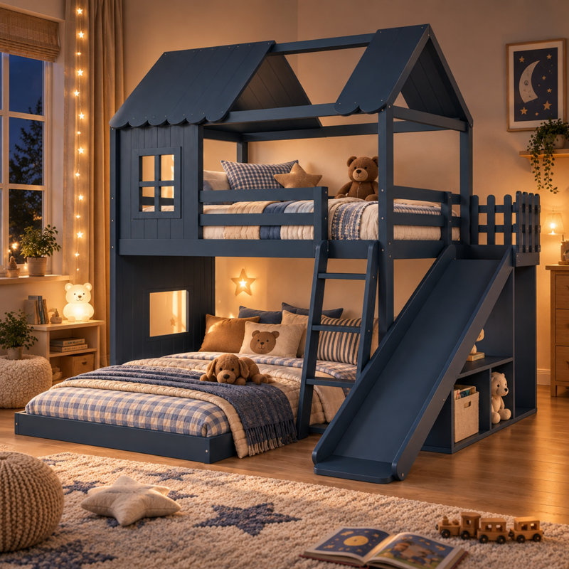 Lit superposé Benedict House avec glissade, échelle, étagères de rangement et armoire, lit superposé au sol avec barrières de sécurité