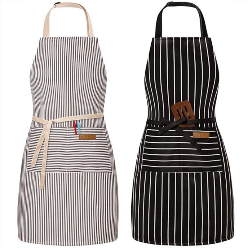 2 Pack Adjustable Bib Apron With 2 Pockets Chef Cooking,Black/Brown Stripes