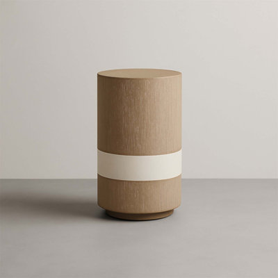 Sculptural Cylindrical Spot Table With Cream Marble Accent And Warm Toffee Wood Finish, For Modern Interiors by Latitude Run