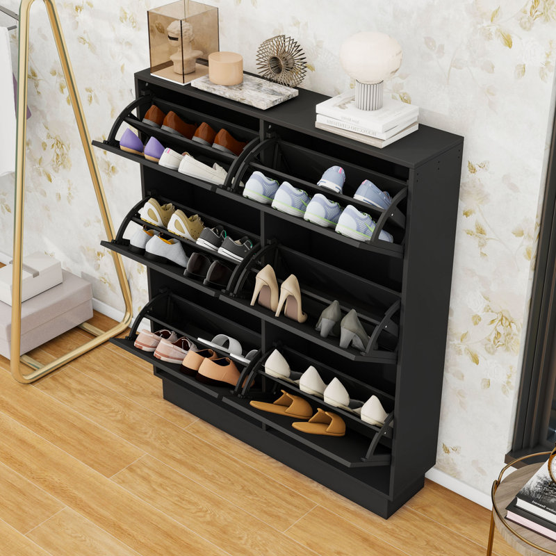 Tipping Bucket Shoe Cabinet with Flip Drawers and Hooks, Black