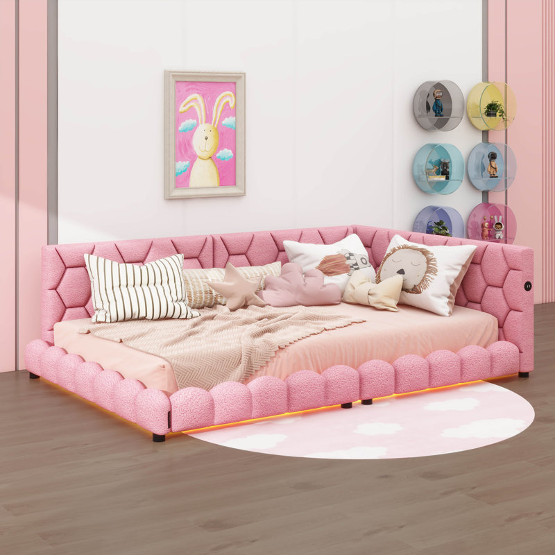 Lit plateforme double entièrement rembourré avec ports USB et bande DEL, Rose