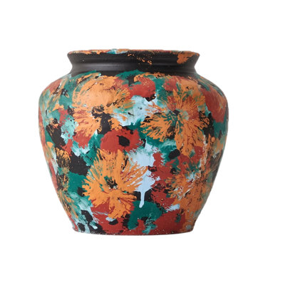 Hand-Painted Floral Terracotta Vase, Colorful Pottery Vase for Mantel & Dining Table, Eclectic Home Decor