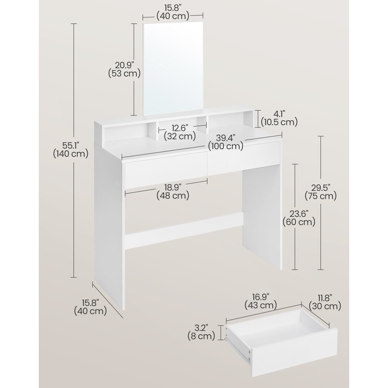 VASAGLE Vanity Desk With Large Mirror, Vanity Table With 2 Drawers And 3 Compartments, Makeup Vanity, Makeup Desk, Modern