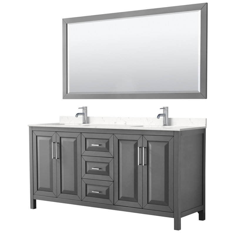 Daria 72'' Double Bathroom Vanity with Carrara Marble Top with Mirror, Polished Chrome, Dark Gray