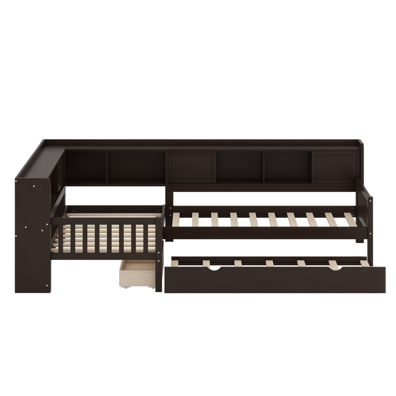 Lit plateforme en L avec lit gigogne, tiroirs et tablettes de rangement, Espresso