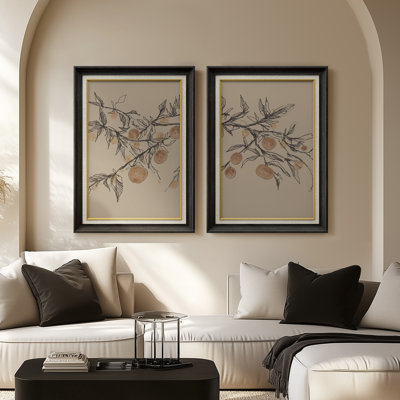 Décoration murale botanique minimaliste à motif de branches de pêche - ensemble de 2 reproductions d'art encadrées de qualité supérieure sur papier 26 po x 36 po