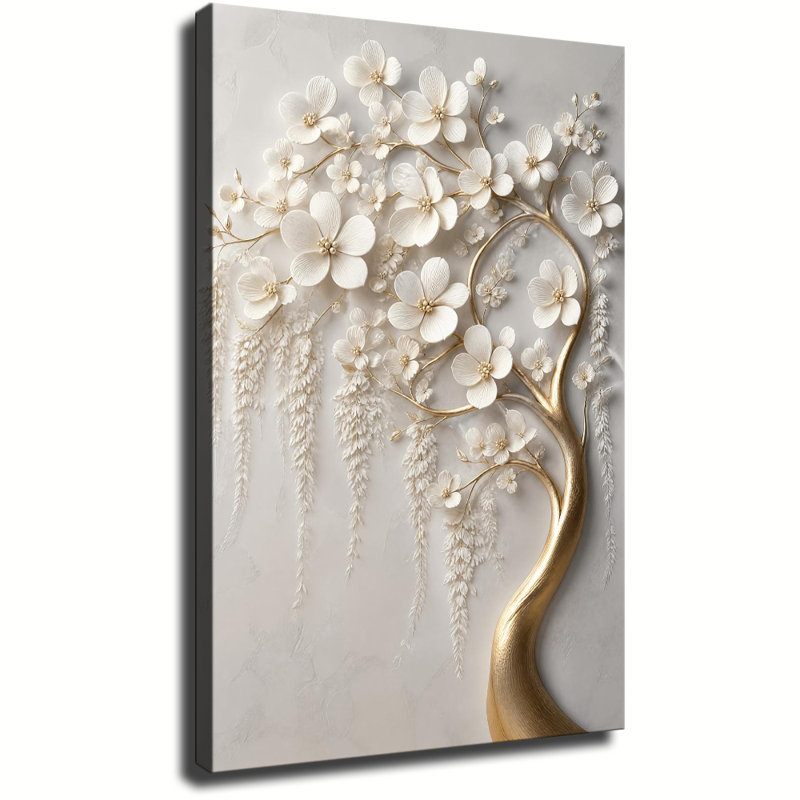 Art en relief, arbre blanc doré, toile tendue, prêt à accrocher, 28x40in