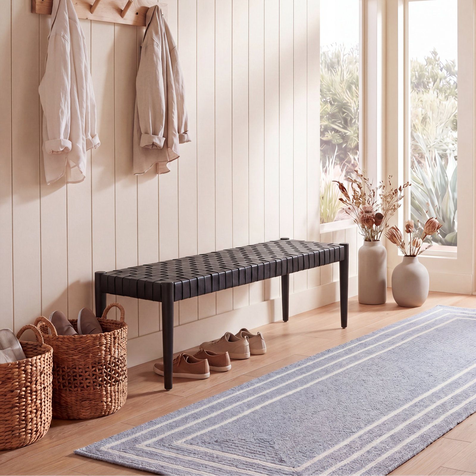 Orin 47" Woven Leather Dining Bench, Black Frame/Black Leather