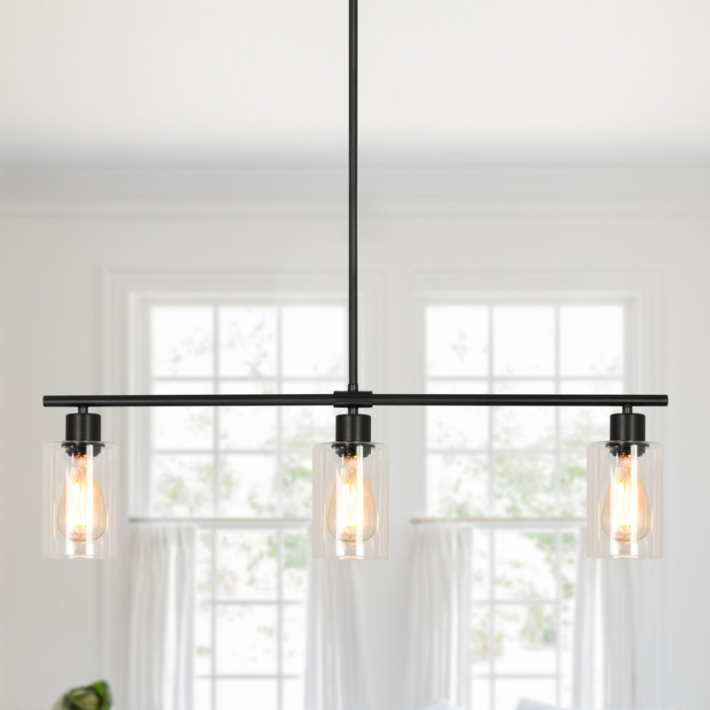 Delmis 3 - Light Kitchen Island Pendant Rustic Linear Chandelier with Clear Glass Shades, Black