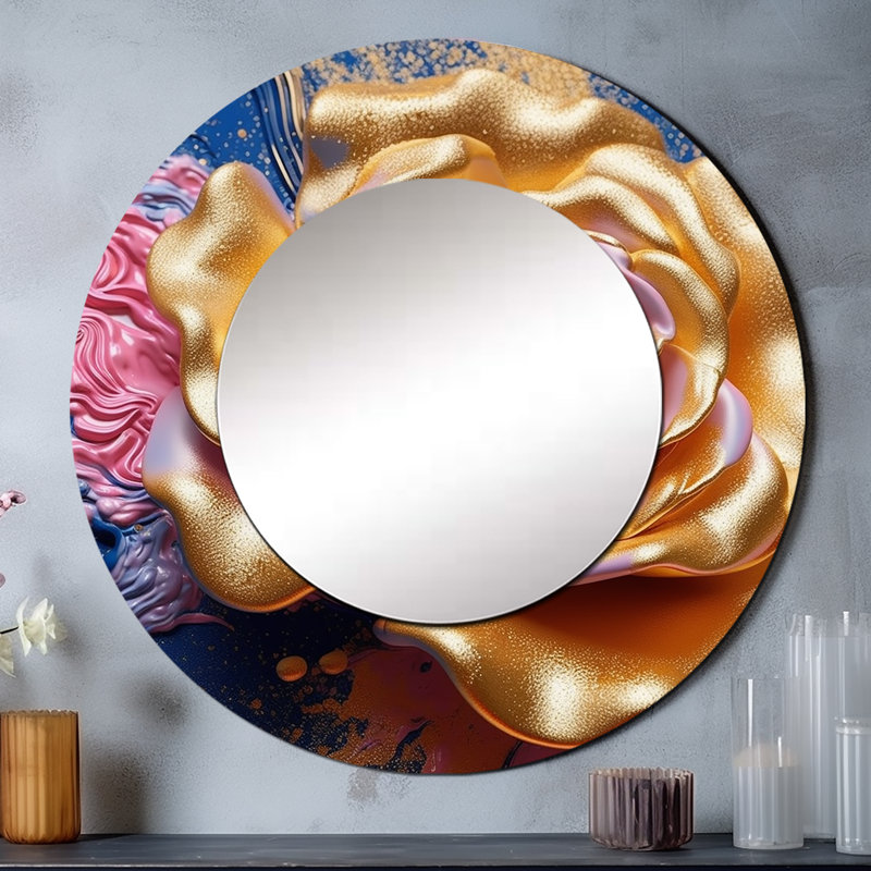 Pivoine rose Saichi avec feuilles dorées II - coquelicots, miroir rond doré, impression sur métal, 29 po x 29 po