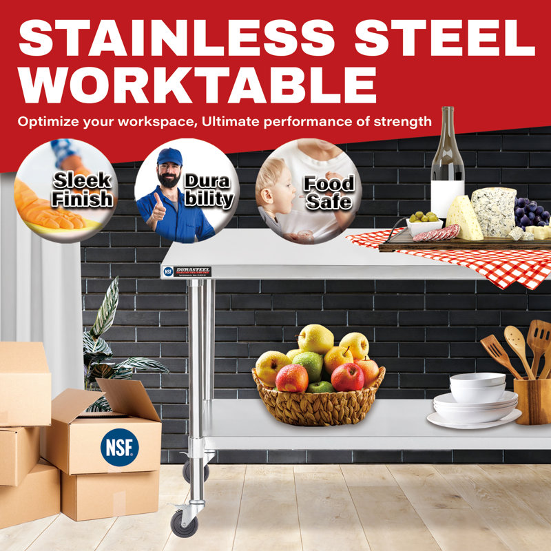 Heavy Duty Stainless Steel Work Table with Adjustable Undershelf and Wheels