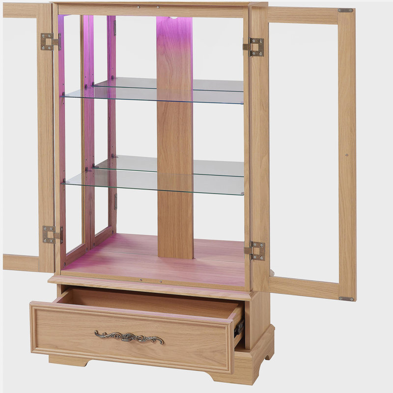 Lighted Glass Curio Display Cabinet with Adjustable Shelves - 2 Doors, 1 Drawer, LED Lights, Elegant Light Oak Finish
