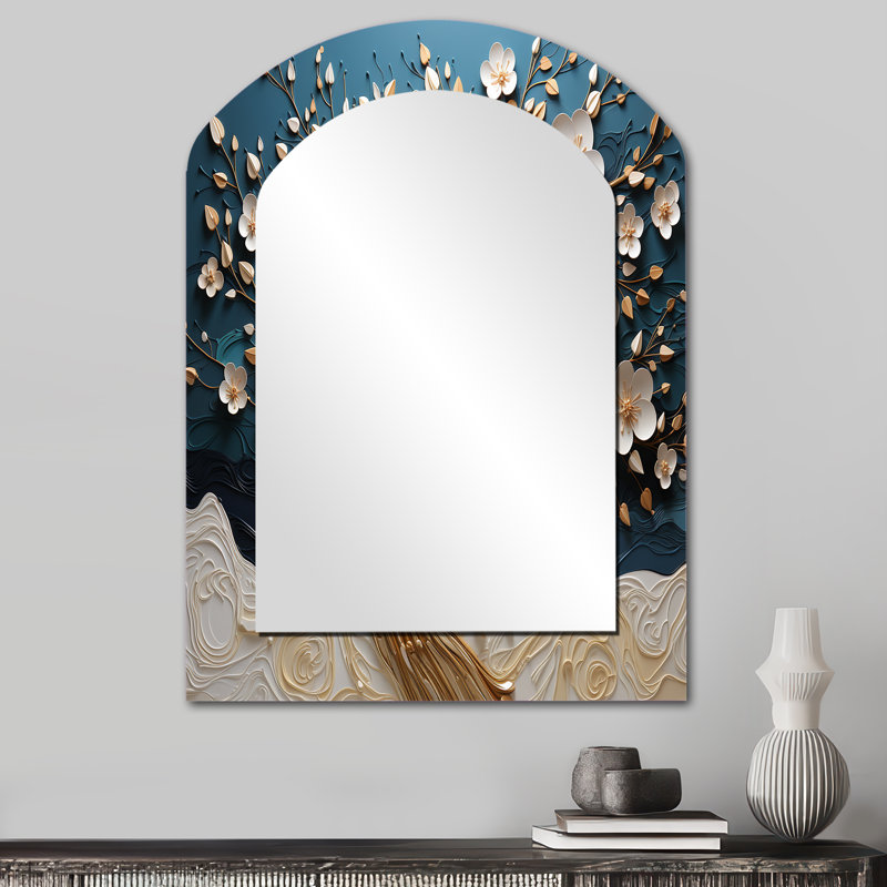 Orchidée bleue et blanche Golden Of Branches I - miroir mural doré, 34 po x 25 po
