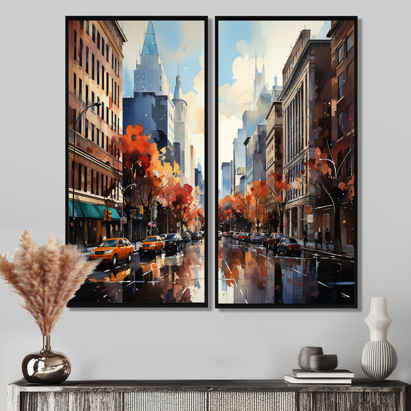 «Autumn New York City Breeze», reproduction d'art sur toile orange, H 20 po x l 24 po, Impression encadrée flottante, Noir