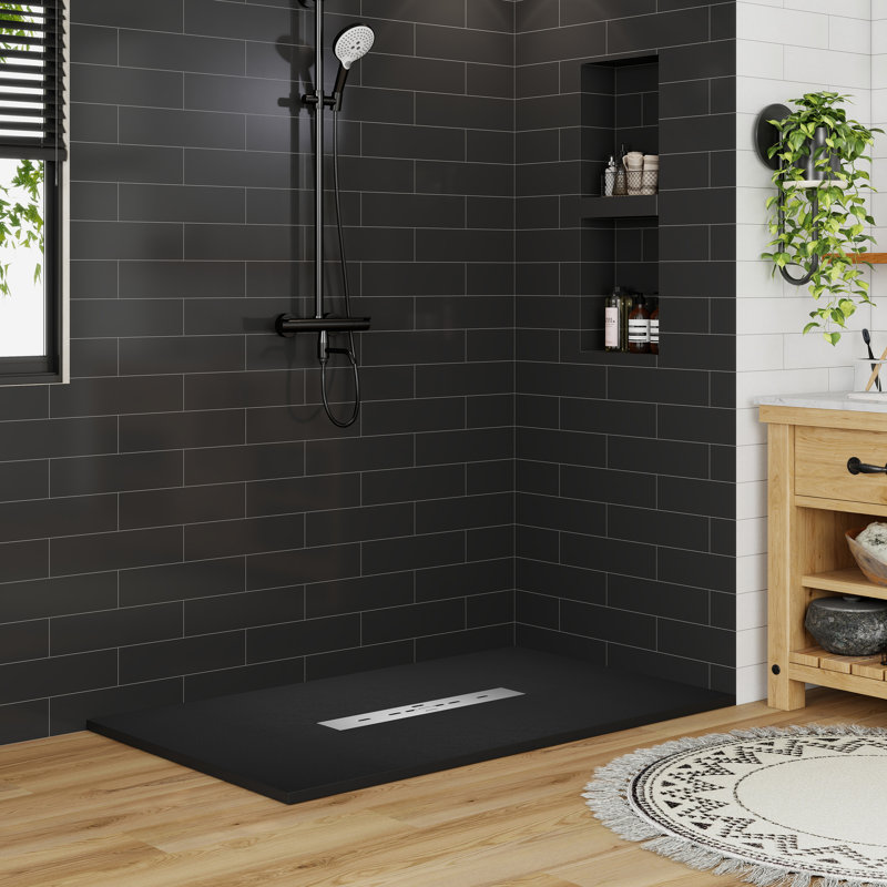 Base de bac de douche rectangulaire à profil bas de 60 po x P 36 po SMC, antidérapant, couvercle de drain, Noir