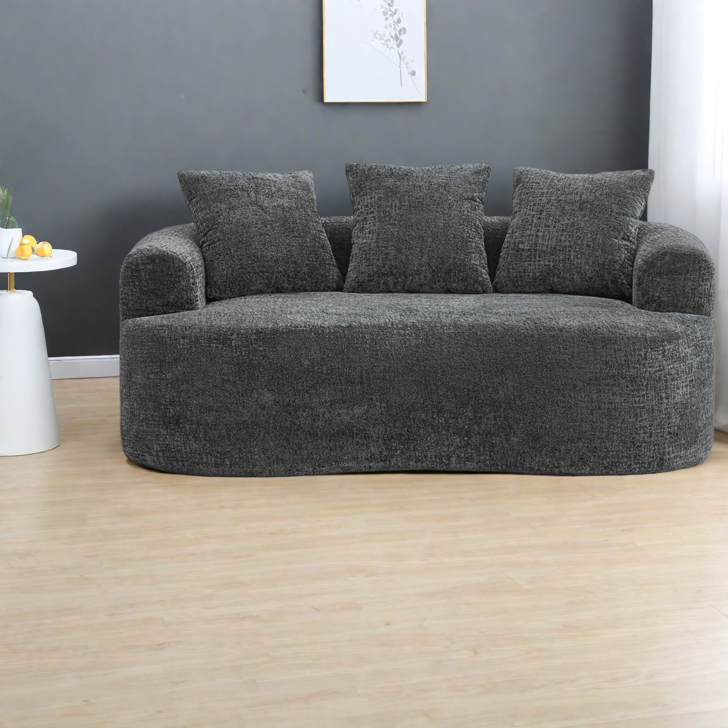 Modern Curved Multi-Seater Flannelette Sofa | Simple Light Gray Fabric Couch | Creative Low-Profile Seating w/ Combination Throw Pillows | Contemporary Living Room Furniture