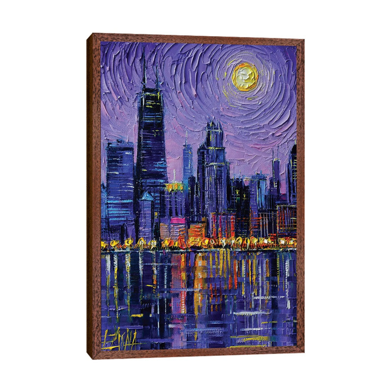 Chicago Skyline by Mona Edulesco - Painting on Canvas, 66.04cm H x 45.72cm W x 3.81cm D, Classic Brown Wood Framed