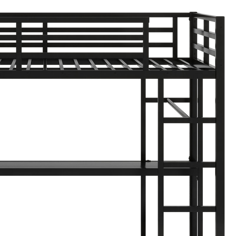 Lit mezzanine en métal avec cubes de rangement et tablettes, garde-robe et bureau en L, Double