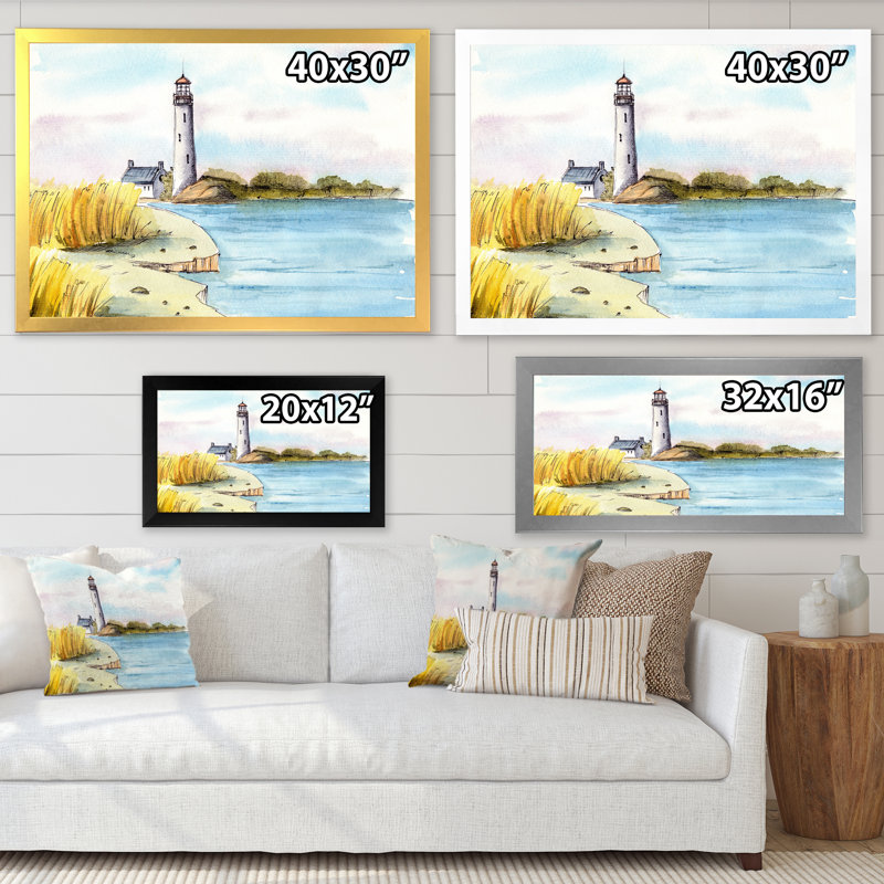 Phare sur un bord de mer lointain - Peinture sur toile, H 24 po x l 32 po, Cadre photo noir