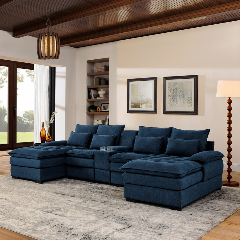 130"  U-Shaped Sofa With Console,Cupholders,6-Seat Upholstered Primary Living Space Furniture,Sleeper Couch Set With Chaise