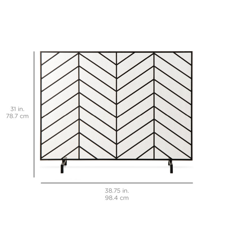 Satin Black Iron Mesh Chevron Fireplace Screen