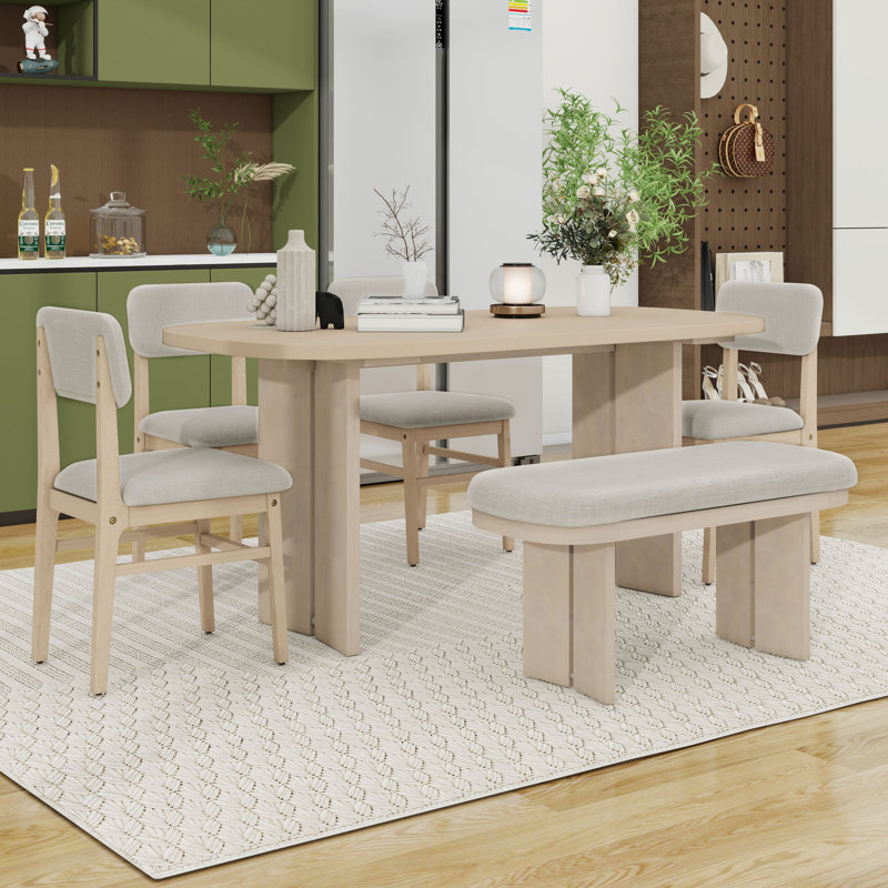 Ensemble de table de salle à manger 6 pièces en bois avec table, banc et 4 chaises rembourrées, Naturel, Naturel / Beige
