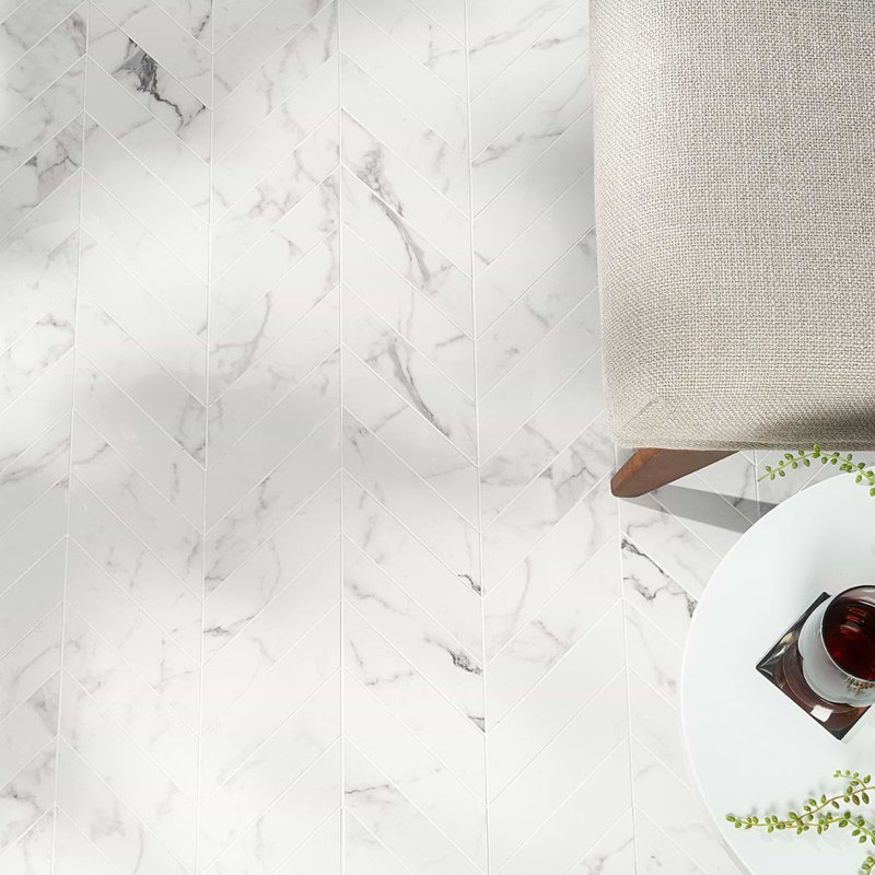Dreamstone 2X8 Chevron Polished Porcelain Mosaic, Statuario Venato
