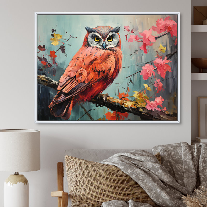 «Pink and Blue Owls Gaze I», art mural hibou, Cadre flottant blanc, H 24 po x l 32 po x P 1 po