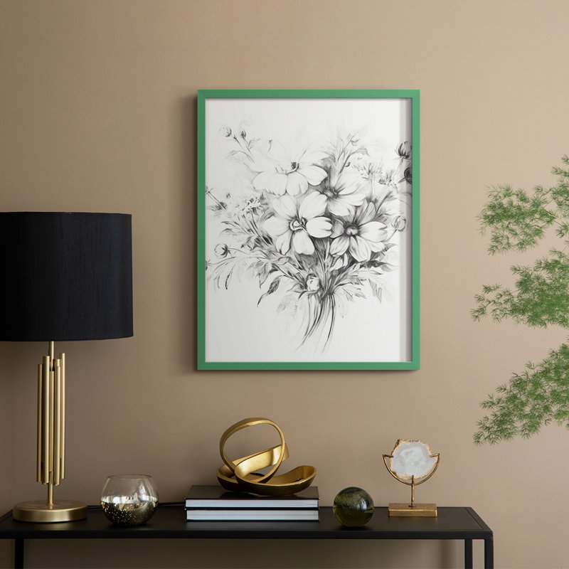 Reproduction florale rétro encadrée XIXème - bois massif, H 21 po x l 17 po, Vert
