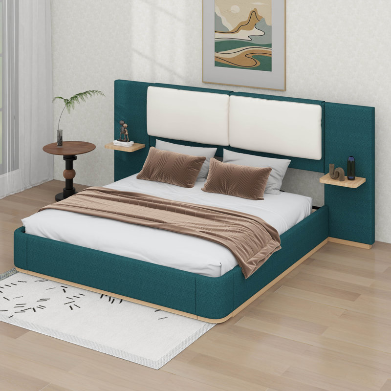 Grand lit plateforme tapissier avec tablettes latérales intégrées et coins arrondis doux et anti-collision, Vert
