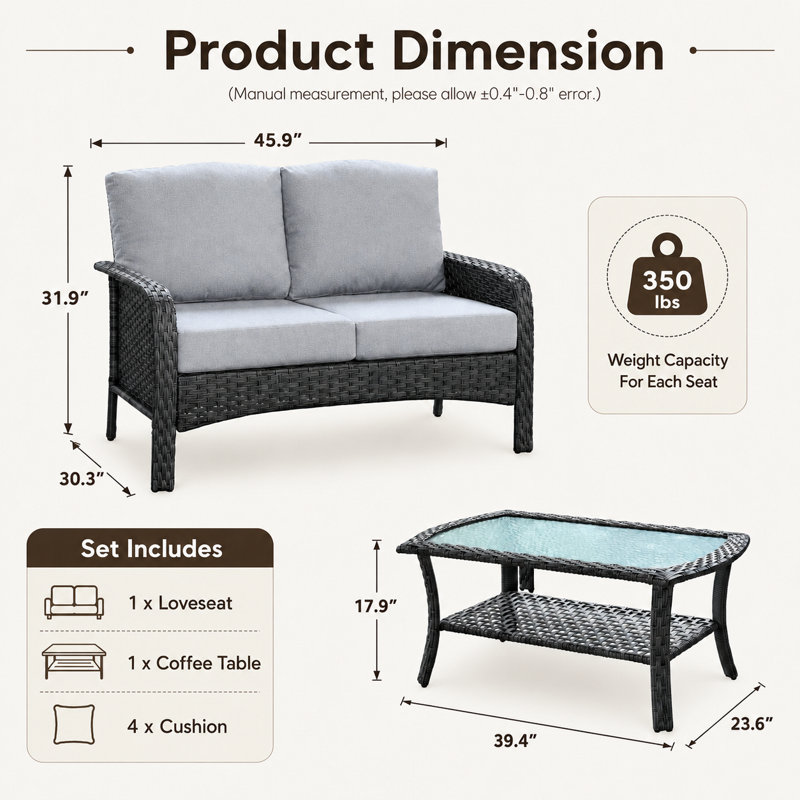 Ensemble de conversation pour 4 personnes avec coussins, Gris