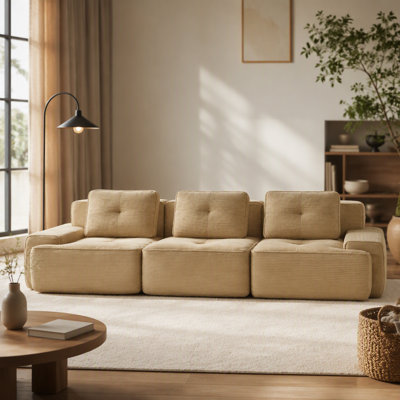 117 Inch Modern Modular Sectional Sofa, Corduroy Fabric, Oversized 3-Seater with Deep Seat and Pearl-like Piping, No Assembly Required, Camel