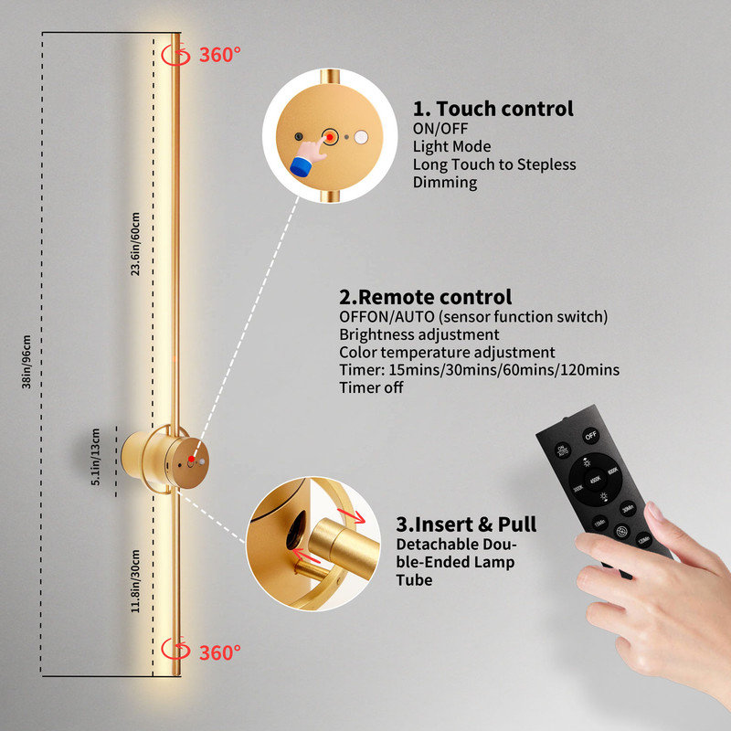 38 inch Wall Sconces with Remote Control, USB Rechargeable Motion Sensor Wall Light for Living Room, Gold
