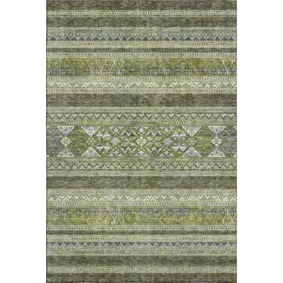 9' X 12' Olive Green Gray And Ivory Southwestern Washable Area Rug With UV Protection