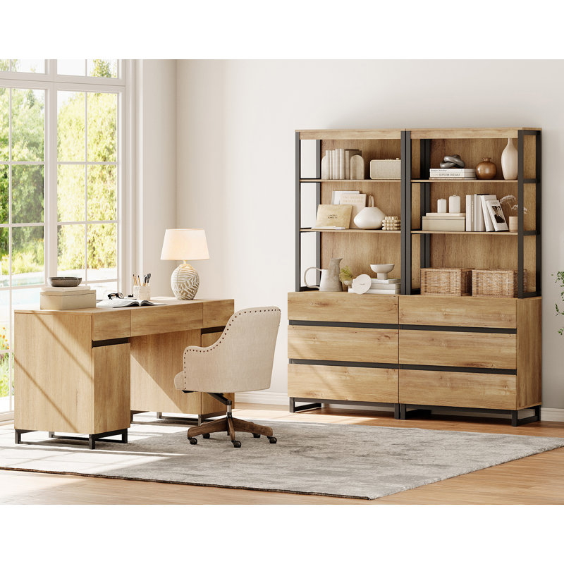 Aadam Home Office Furniture Set: 59" Executive Desk With Charging Station & Storage Cabinet + 72" Tall Bookcase With 6 Drawers, Modern Computer Desk & Library Shelf, Wood, Work Study