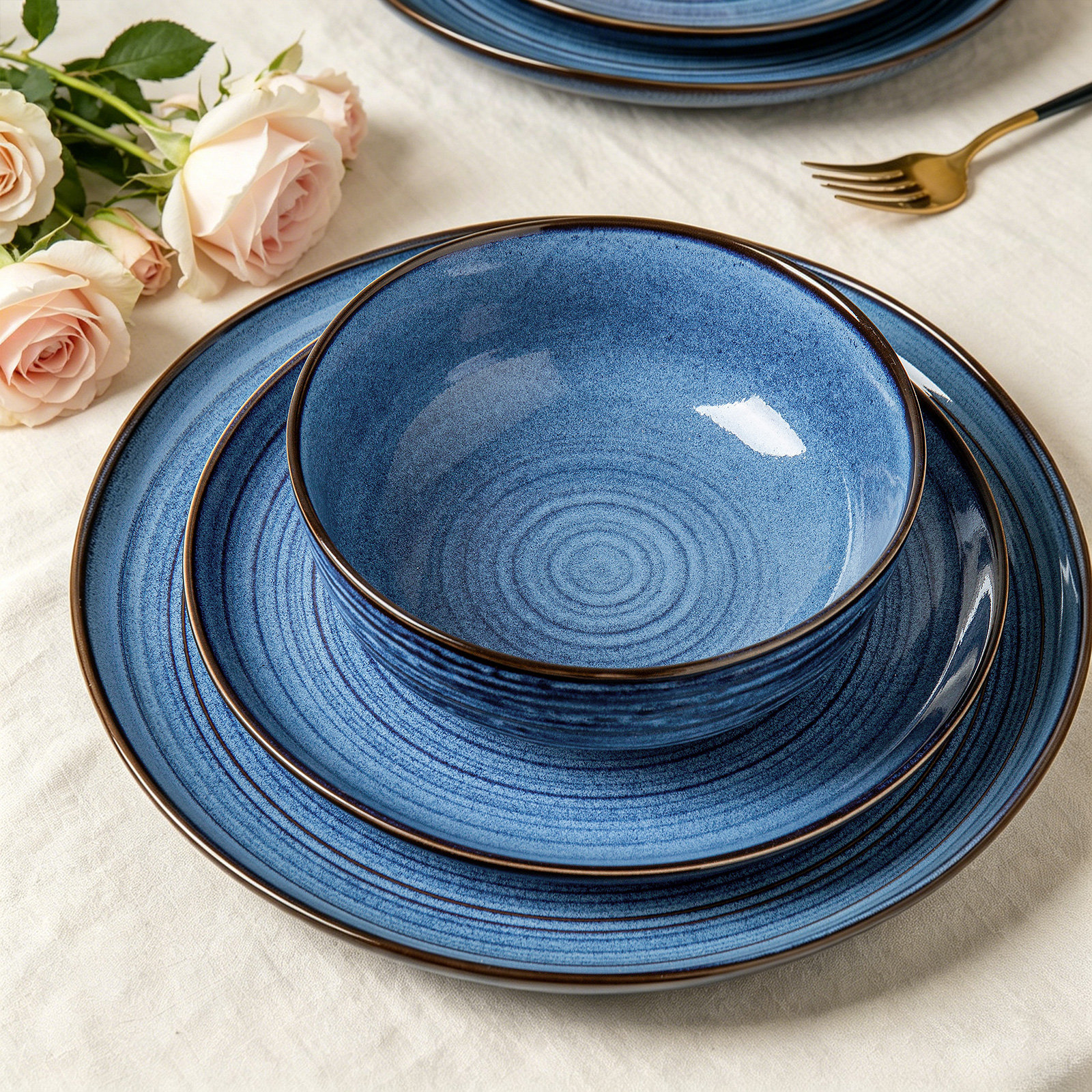  12 Piece Stoneware Dinnerware Sets, Service for 4, Blue
