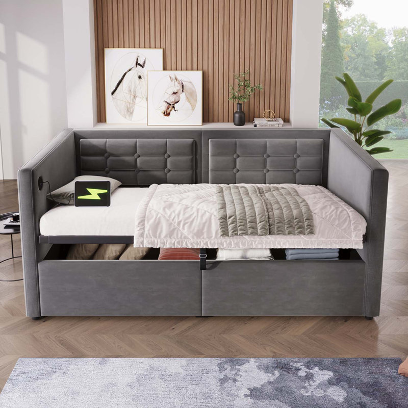 Upholstered Twin Size Daybed with Hydraulic Storage, USB & Type-C Charging, and Tufted Sofa Back in Gray Velvet, Gray