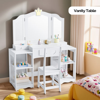 Kids Vanity Table And Chair Set, 2 In 1 Girls Vanity Storage Cabinet W/Tri-Folding Mirror