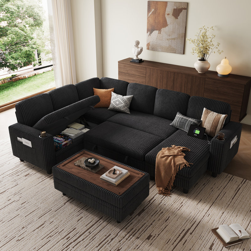 Sherry 106" Upholstered Modular Sectional with Sotrage Ottoman & USB Charging, Effie Black Corduroy