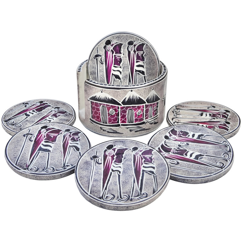Porte-verres et porte-savon en pierre de savon à motif rétro fait à la main de style ouest-africain - 7 pièces