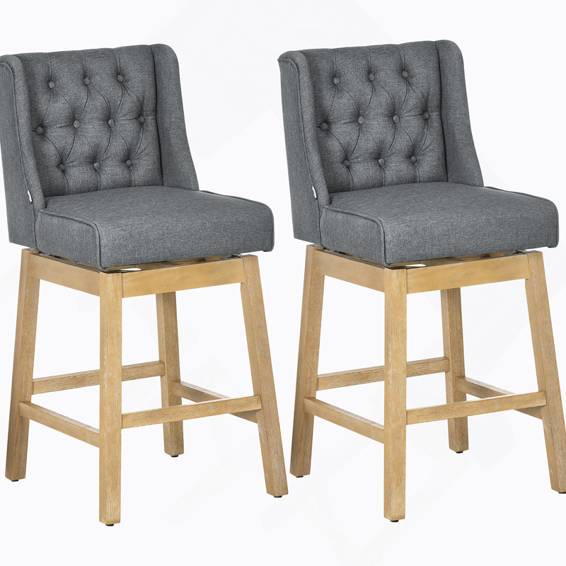 Ensemble de 2 tabourets de bar à hauteur de bar pivotant à 180 degrés, siège de 30 po de hauteur avec repose-pieds en bois massif et capitonnage à boutons, gris