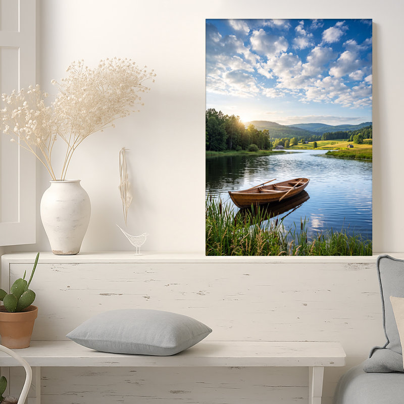 Toile en bois sur le lac avec Green Hills et ciel bleu, art mural sur toile, 36"H x 24"W