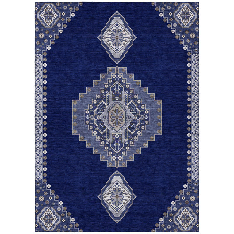 3' X 5' Navy Blue Gray And Brown Oriental Washable Indoor Outdoor Area Rug