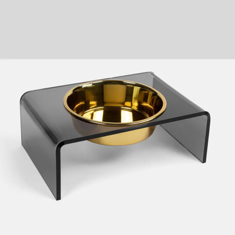 Single Bowl Elevated Feeder with Bowl, Gold, Smoke Grey
