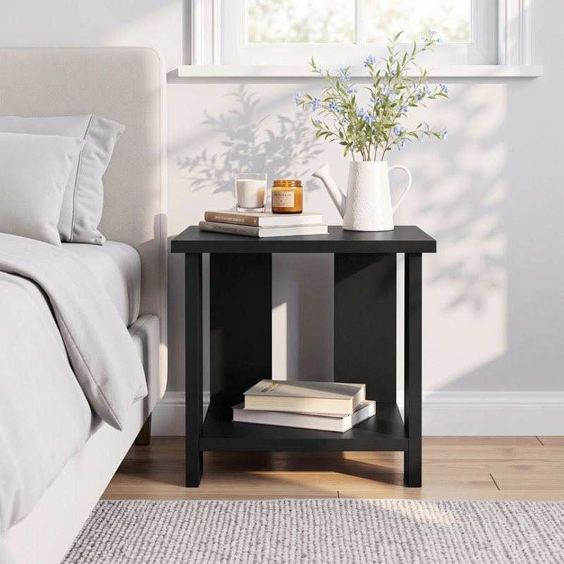 Petite table d'appoint carrée avec tablette de rangement à 2 niveaux, table de chevet moderne en bois pour salon ou canapé, table d'appoint compacte pour téléphone