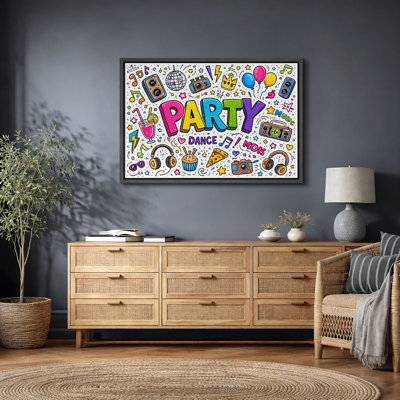 Fête, fête, griffonnage, œuvres d'art, ballons amusants et images de chambre d'enfant, impression sur toile encadrée